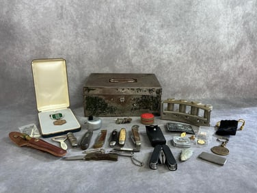 Mid to late 1900s lot. Metal cash box, ten pocket knives, and pocket tools. Includes a military