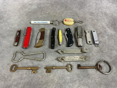 Mid century to modern knives and gadgets. Nine knives, three keys, two keychains and three bottle