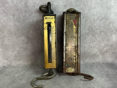 Two early to mid 1900s scales. Steel and cast iron hanging scales made by Chatillon and Hanson
