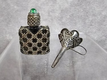 1920s black glass perfume bottle with silver tone, possibly sterling, metal overlay, marked made in