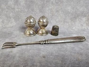 Set of Taxco Mexico sterling shakers, sterling silver thimble, and an unmarked, but tested and