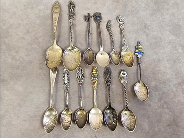 Thirteen sterling silver souvenir spoons, all marked Sterling on the back. Total weight 5.32 ozt.
