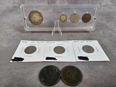 Nine total coins from 1847 to 1912. 1847 and 1851 one cent coins, three 1912 V nickles, and 1901