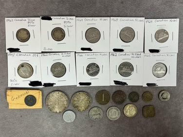 1947 Canadian 25 cent coin, 1962 and 1963 Canadian dimes, all three 80 percent silver. 1940 German