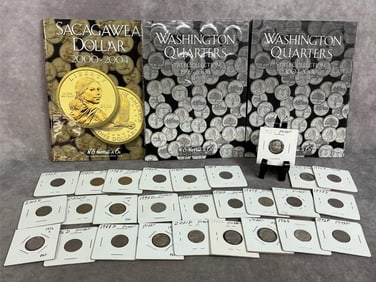 Twenty seven proof dimes from the 1970s to 2000 and a partial Sacagawea and State quarter books. One