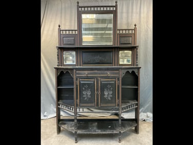 Late 19th century Victorian period carved and painted etagere with central beveled mirror with two