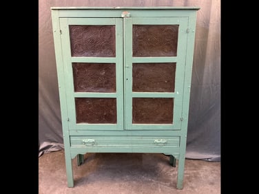 Late 19th - early 20th century punched six tin painted poplar pie safe with geometric star and