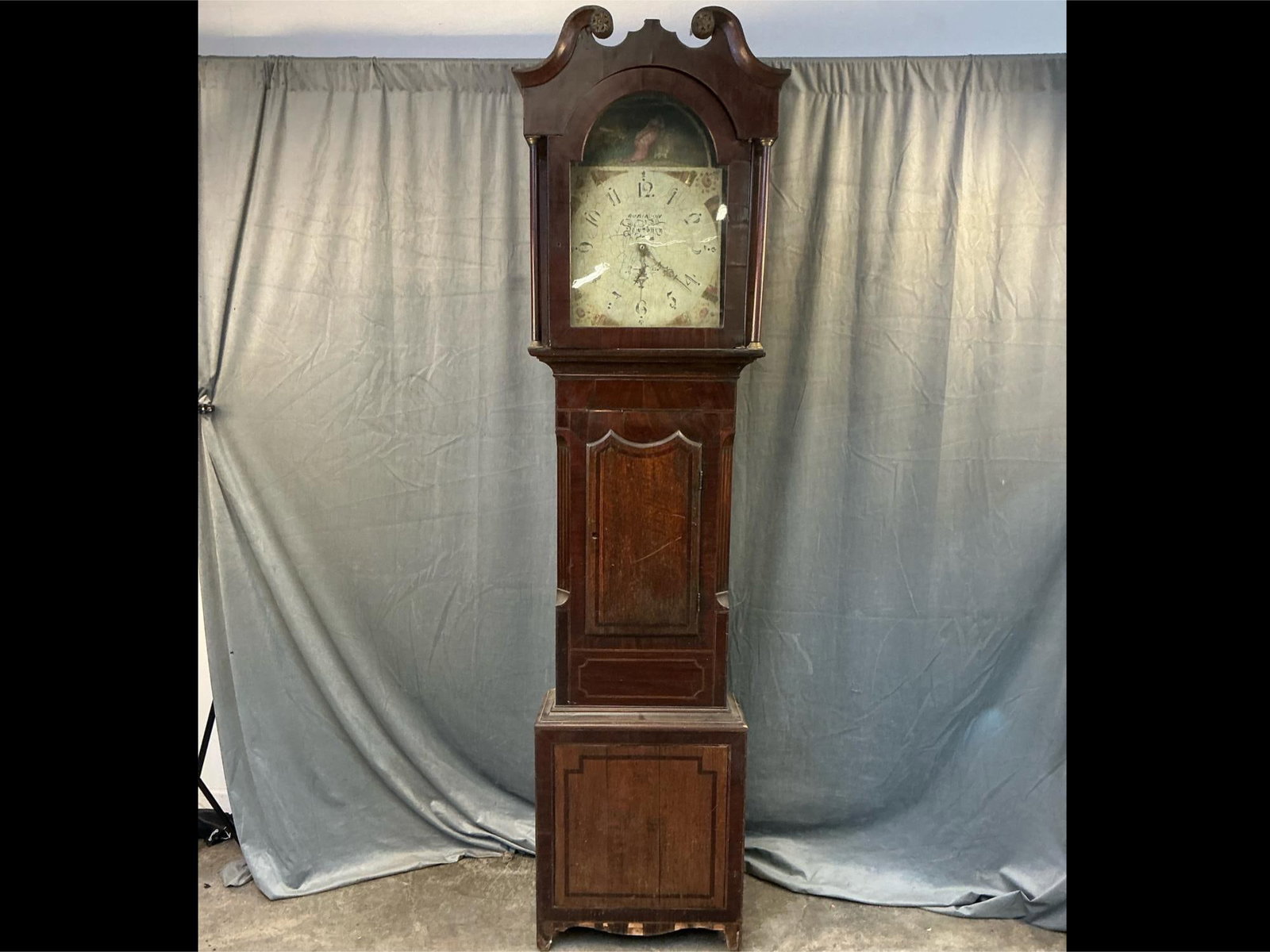 Circa 1791 Georgian period English longcase "grandfather" clock made by Joseph Robinson Dewsbury,: Circa 1791 Georgian period English longcase "grandfather" clock made by Joseph Robinson Dewsbury, England. Thirty hour brass movement. Painted dial signed "Robinson / Dewsbury", and case featuring mah