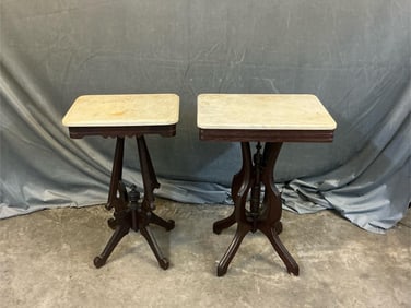 Late 19th century Victorian Eastlake style tables with marble tops. Smaller marble table top with