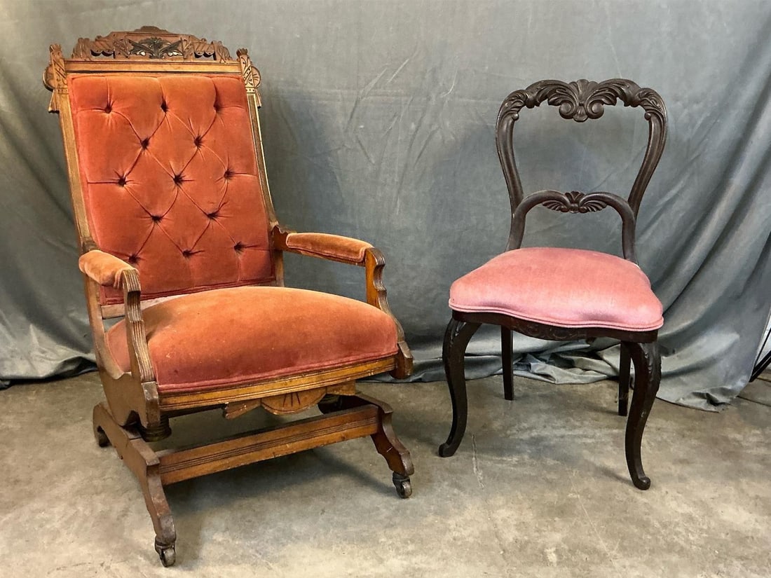 Two late 19th century Victorian chairs. One Eastlake upholstered rocking chair and a carved walnut: Two late 19th century Victorian chairs. One Eastlake upholstered rocking chair and a carved walnut side chair. Rocking chair with faded upholstery. Largest chair measures 22.5 inches long x 24.5 x 38.
