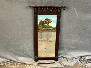 Circa 1820 Federal reverse glass painted mirror. Landscape painting with house, lake and trees.