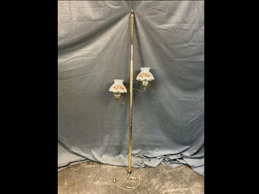 1960's mid century electric metal pole tension lamp with two globes. Lamp works. Good condition.