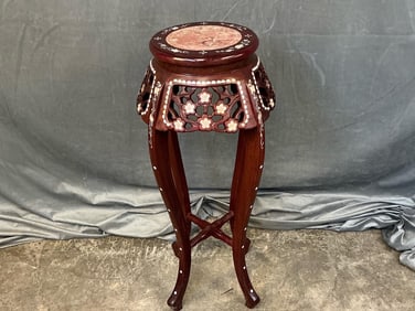 Late 20th century far eastern mother of pearl and marble insert stand with saber legs. Side panel