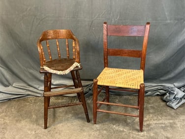 Late 19th century oak child's high chair and slat back side chair with oak splint seat and stencil