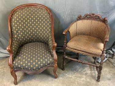 Late 19th century - early 20th century Victorian armchairs. One carved walnut Louis Fifteenth style