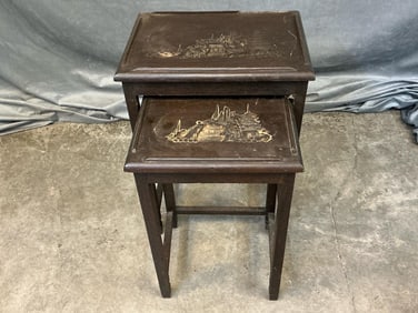 Mid 20th century pair of carved nesting side tables. Damaged trim to larger table top otherwise good