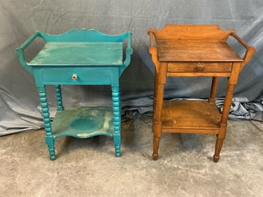 Late 19th century washstands with drawer and towel bar. One with later blue/green paint with poplar