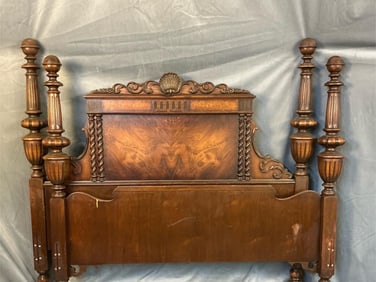 Mid 20th century Renaissance Revival style headboard and footboard bed. Some loss to veneer, chips,