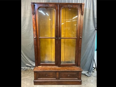 Circa 1870 walnut Eastlake glass and burl walnut bookcase. Four removable shelves. Dovetailed poplar