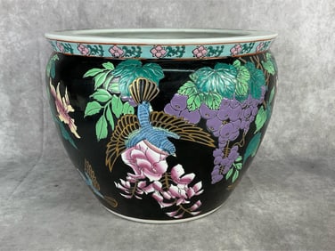 Modern Chinese porcelain koi fish bowl planter. Hand painted with grapes, flowers, and birds on