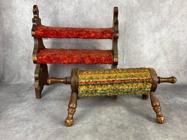 Victorian gout stool with original red upholstery, and a vintage rolling pin gout stool. Booth have