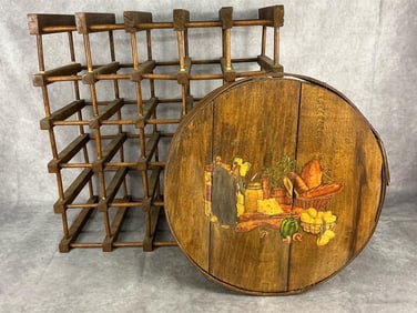 Vintage wooden handmade wine rack with 25 slots. Vintage cheese box with applied decal on the front.