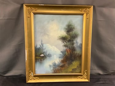 Early 1900s pastel artwork of a mountain and river scene, signed De Witt in lower right corner.