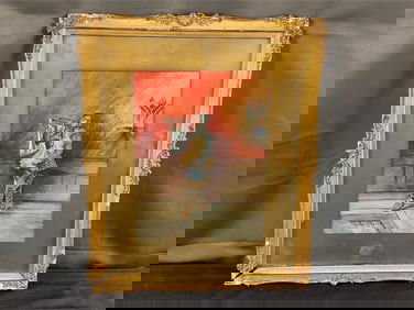 Watercolor in gold gilt frame of a Trumpetter, signed and dated in lower left corner. Appears to say