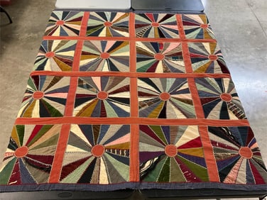 1950s dresden style crazy quilt. Hand stitched but machine quilted. Holes and tears in fabric.