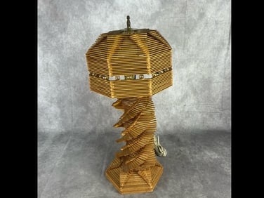 Mid 20th century modern tramp art popsicle table lamp with glass ball gallery on shade. Cracked