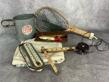 Mid 20th century lot of seven vintage fishing items. Eton hand fishing net, Lufkin sectional ruler,