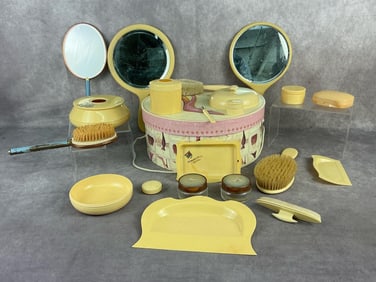 1930's - 1940's lot with 16 celluloid dresser set items and four metal painted dresser set items