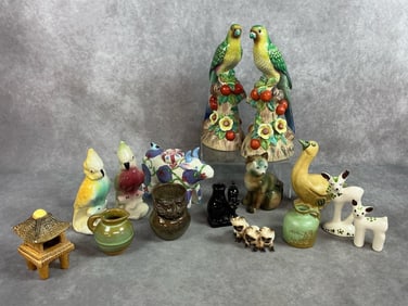 Fifteen vintage collectible figurines. Parrots marked Andrea by Sadek, Chinese Meissen style. Hand