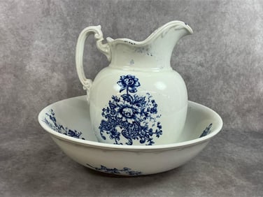 Early 1900s basin and pitcher. Porcelain set in flow blue pattern marked Maddock's Lamberton Works