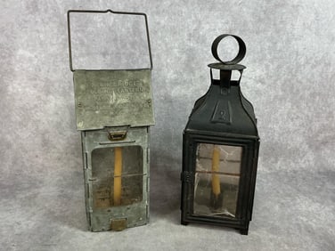 Two early 1900s lanterns. Stonebridge aluminum folding lantern with see through mica panels. Also a