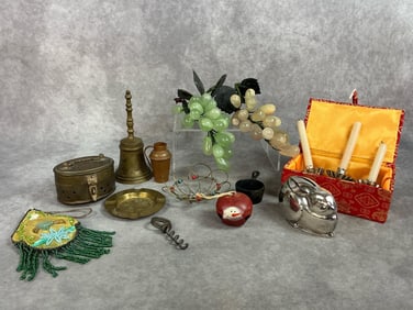 Fifteen vintage items. Two grape clusters with jade leaves and stone or agate grapes. Several brass
