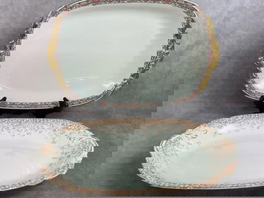 Two early to mid 1900s platters. J. Pouyat, Limoges, France gold edged platter with pink, blue, and