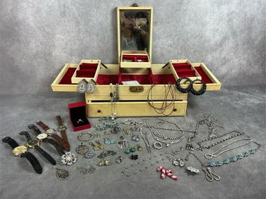 Approximately 45 pieces of mid century to modern age jewelry. Five watches, necklaces, earrings, and