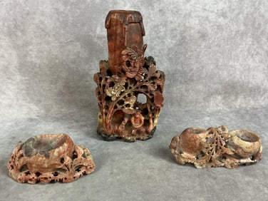 Three early 1900s soapstone vases. Chinese intrically carved vase and bowls. In good condition.