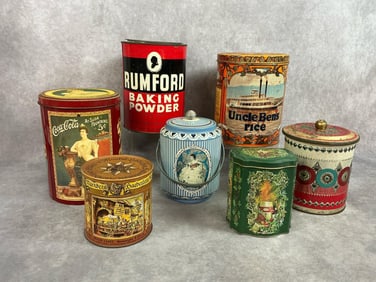 Seven vintage to modern tins. Included are Rumford 5 pound baking soda, Uncle Ben's Rice,
