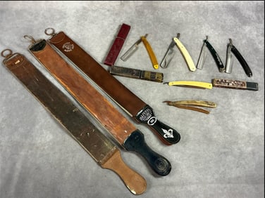 Nine early to mid 1900s strops and razors. Three leather strops and six straight razors. Razors