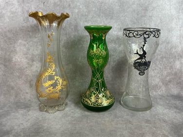 Three early 1900s vases. Bohemian emerald green vase with gold gilt art and Moser style trumpet vase