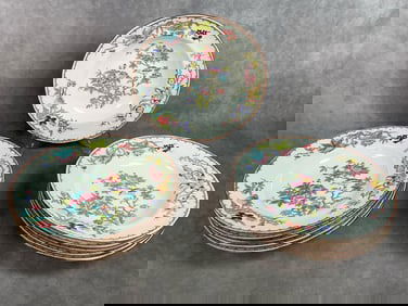 Eleven early 1900s soup bowls. English Cuckoo pattern by Wright, Tyndale and Van Roden. Bird and