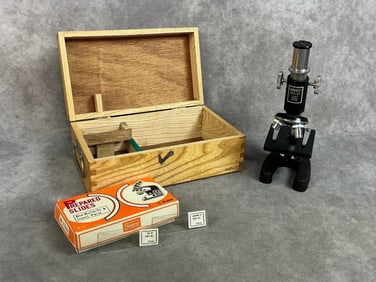 Mid century microscope. Children's Perfect brand model 801 microscope. Includes box of twelve bee