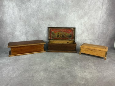Early 20th century child's miniature tool chest with lithograph pasted to inside box lid and two