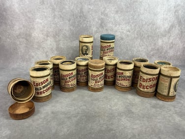 Thirteen records and two empty boxes from early 1900s. Made by Edison Gold Moulded Records from New