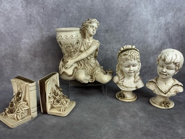 Five mid 1900s statuary. Grecian woman with vase, busts of boy and girl, and bookends made of