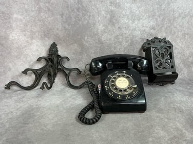 Western Electric Bell black rotary dial phone. Cast iron wall mount match holder and swivel wall hat