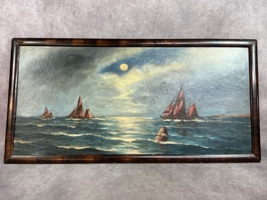Early 1900s painting. Oil painting of coastal seascape with burl like pattern frame. Frame has worn