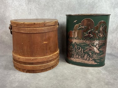Firkin bucket has staved wood construction with wooden bands, with lid and handle. Metal trashcan by